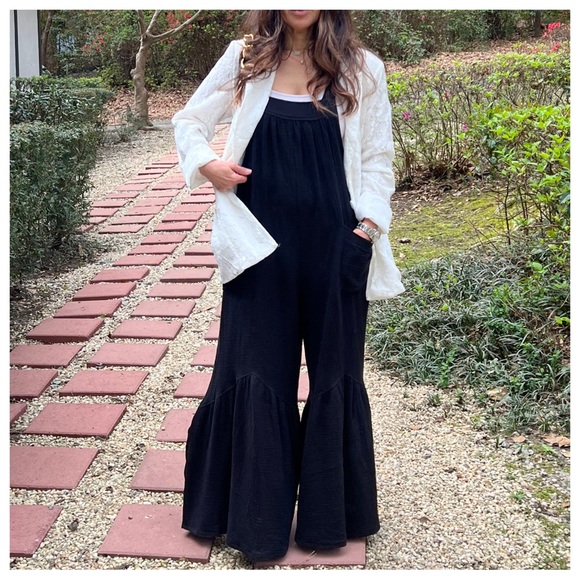 07 Boho wide leg cotton Gauze Jumpsuit with pockets and adjustable straps - Picture 2 of 6